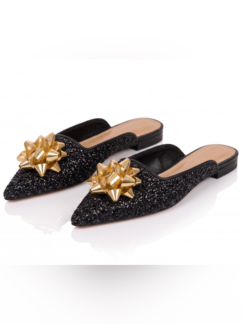 Antonio Melani Black Gold Bow Pointed Mule The Hat Note Size 8.5M NWOB